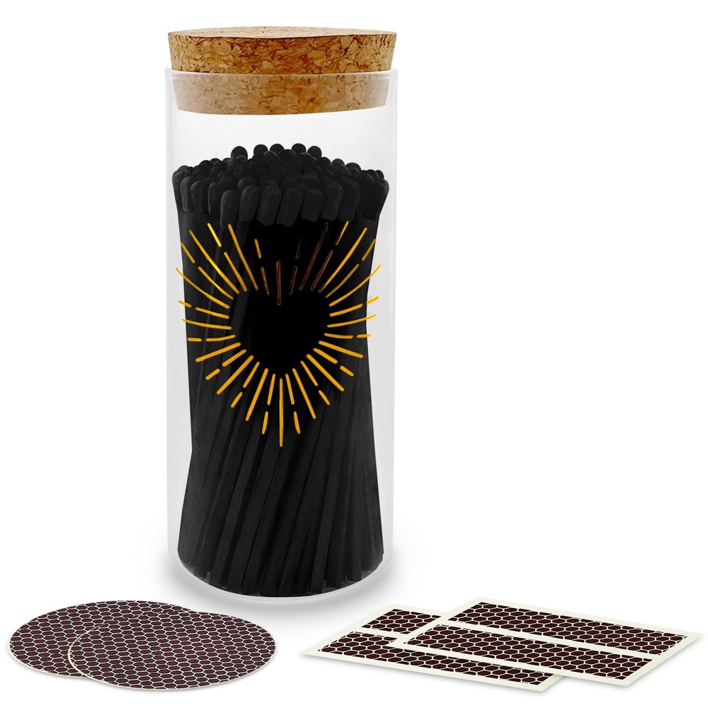 Decorative Matches in Gold Heart Foil Glass Jar | 4" All Black Long Matches (100 match sticks) Cork Top Glass Holder + Striker Stickers | Gifts, Dcor, & Candle Accessories | by Thankful Greetings,USA