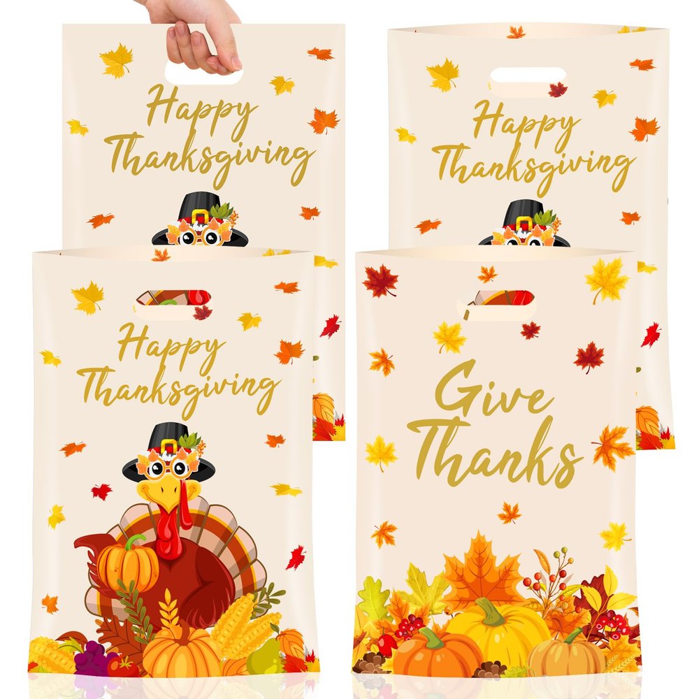 40 Pcs Thanksgiving Gift Bags - Happy Thanks giving Goodie Bags, Plastic Fall Maple Leaves Pumpkin Give Thanks Turkey Treat Candy Favor Tote Bags with Handles for Autumn Thanksgiving Party Favors Bulk