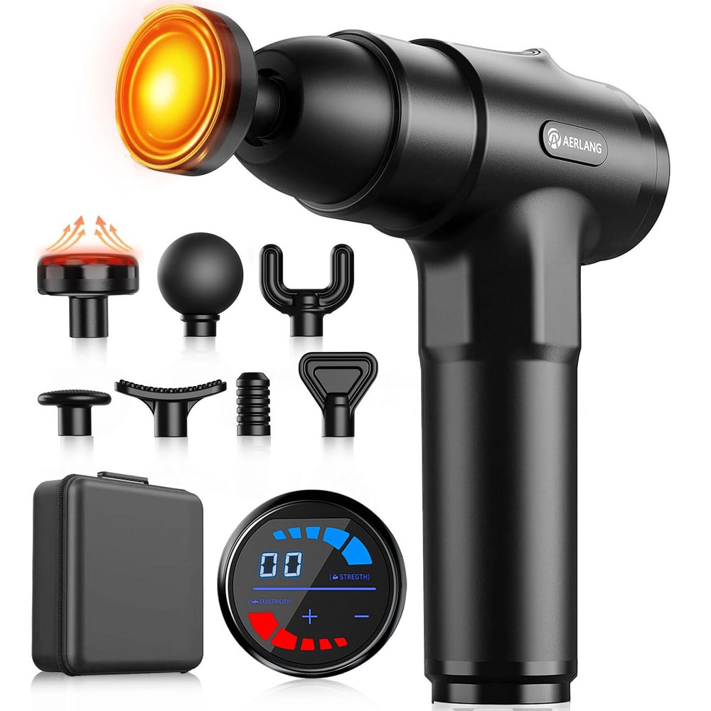 AERLANG Massage Gun with Heat Deep Tissue Back Massager Neck Massager for Pain Relief,Muscle Percussion Massage Gun, Birthday Gifts for Men Women Dad him Handheld Message Gun with 7Heads&Silent