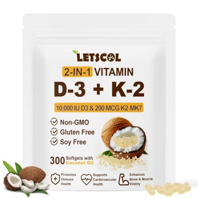 LETSCOL 2-in-1 Vitamin D3 K2 Supplement Softgel, Vitamin D3 10000 IU and Vitamin K2 200 mcg, K2 MK7 with D3 Vitamin Supplement Support Immune, Heart, Joint, Teeth & Bone Health