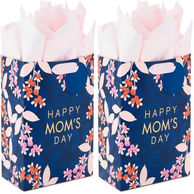Hallmark 9" Medium Mother's Day Gift Bag with Tissue Paper (Navy Blue with Pink and Orange Flowers) (Pack of 2)