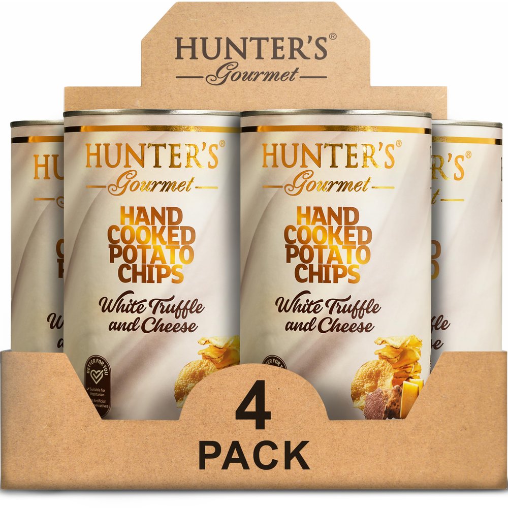 Hunter's Gourmet Crisps | Made with 100% Sunflower Oil | No Artificial Colors | Preservative-Free | White Truffle & Cheese | Backpack Friendly | Gourmet Cheese Snacks | Halal | Pack of 4 | 150g