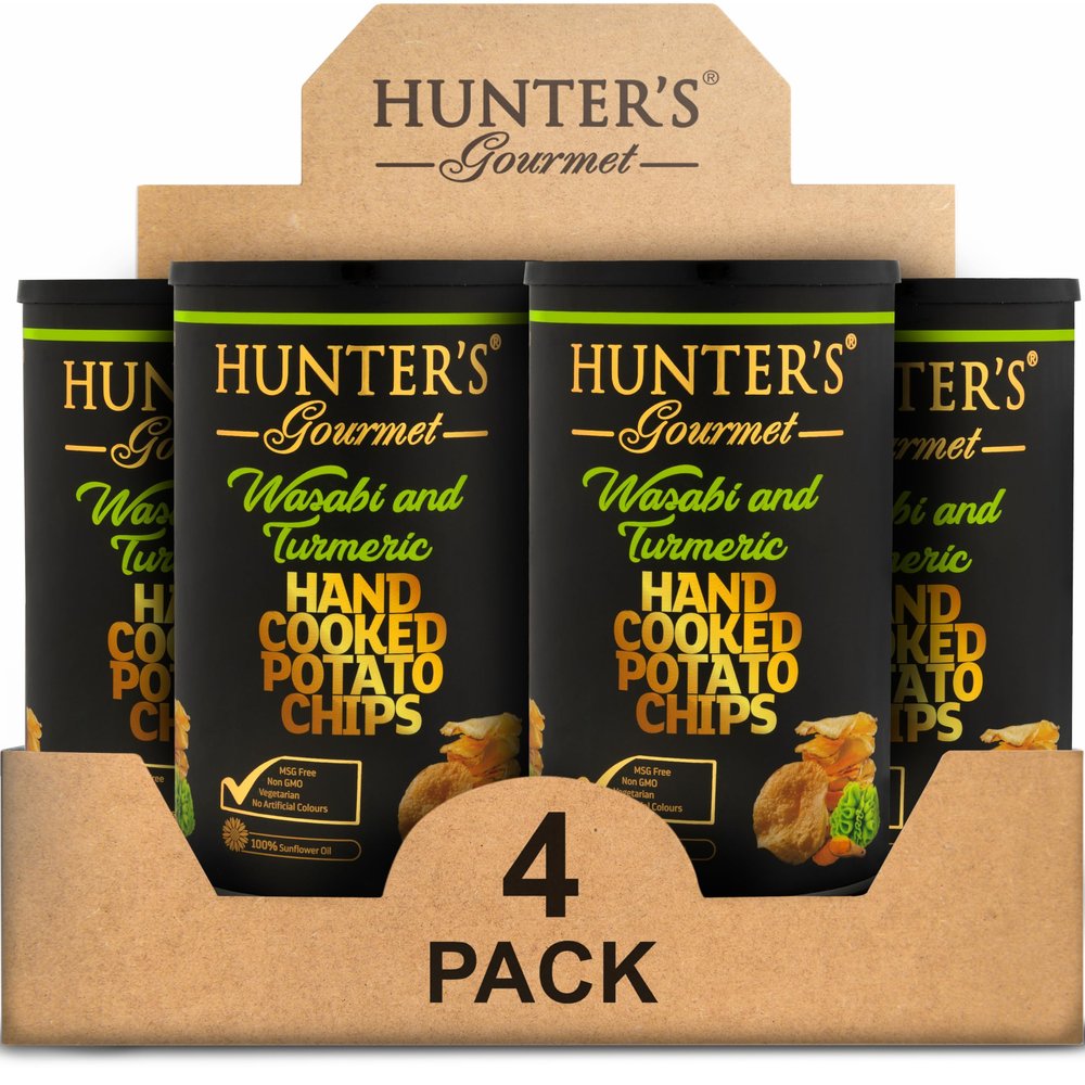 Hunter's Gourmet Hand-Cut Chips | No Trans Fat | Made with 100% Sunflower Oil | Wasabi & Turmeric Flavor | Gourmet Travel Snack | Halal | Vegetarian | Gluten-Free Chips | Pack of 4 | 150g