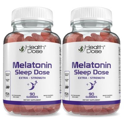 Health Dose Melatonin 6 mg Extra Strength Gummy, Pre-Bedtime Supplement for Restful Sleep, Adults, 90 Gummies, Mixed Berries Flavor Pack of 2.