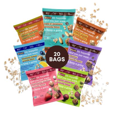 B'cuz Granola Bites - Gluten Free On the Go Snacks Variety Pack, Kosher, Vegan Friendly, Travel Safe, Healthy Breakfast and Dessert Treats for Kids or Adults Lunchboxes, 1 Ounce, Pack of 20