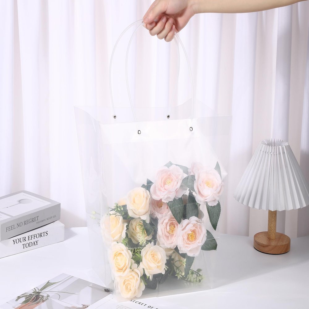 10 Pack Clear Flower Bouquet Bags, Gift Bags with Long Handles, Party Floral Packing Wrap Bag for Valentine Day, Birthdays, Mother's Day, Wedding, Anniversary, Housewarming, 13.6" (Top) x 9.8" (Bottom) x 13.8" (H)