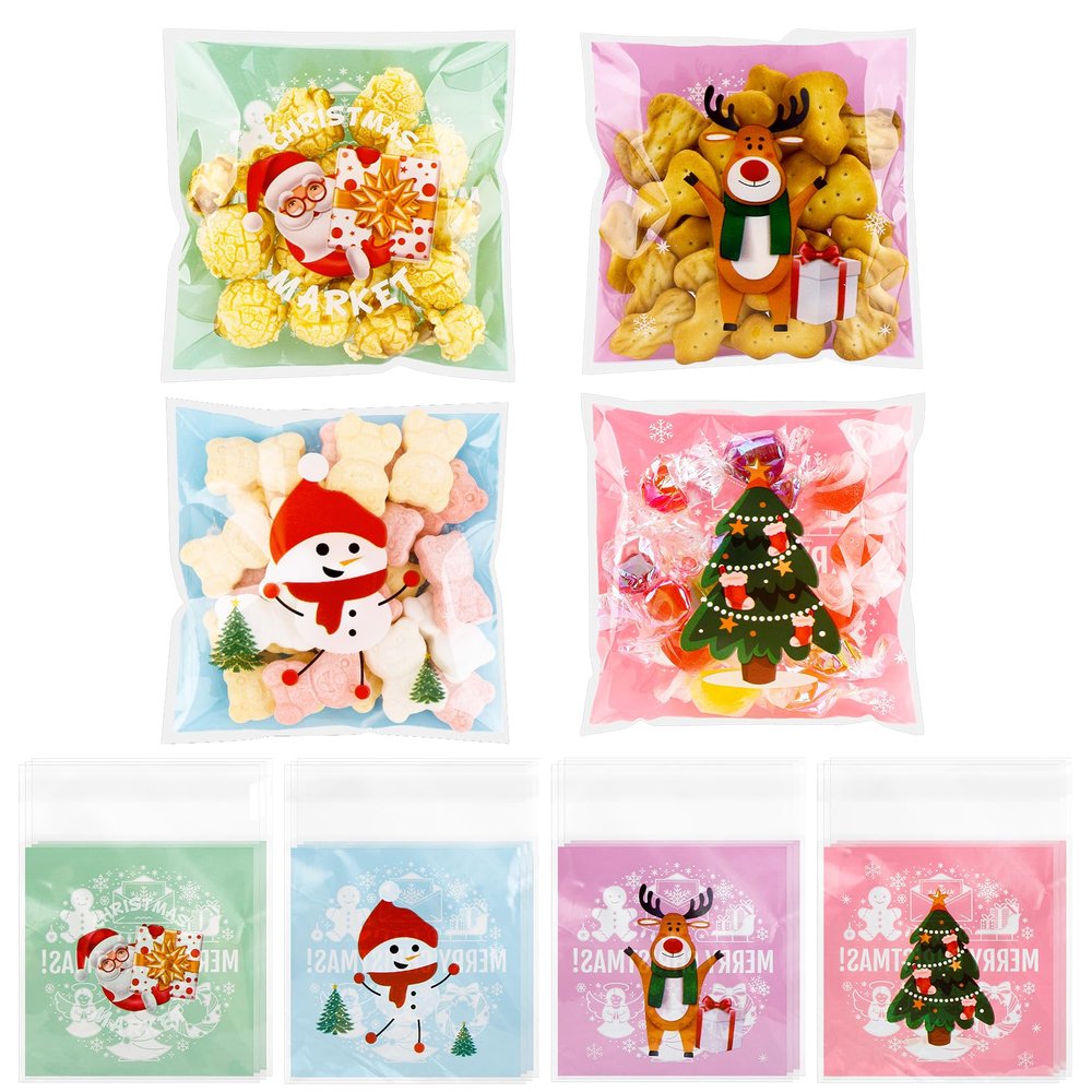 100 PCS Christmas Self Sealing Cellophane Bags for Cookie Snack Treat Goodie Goody Candy Gift Wrap Clear Ziplock Holiday Winter Santa Xmas Decor Bags Bulk Christmas Party Decorations Favors Supplies