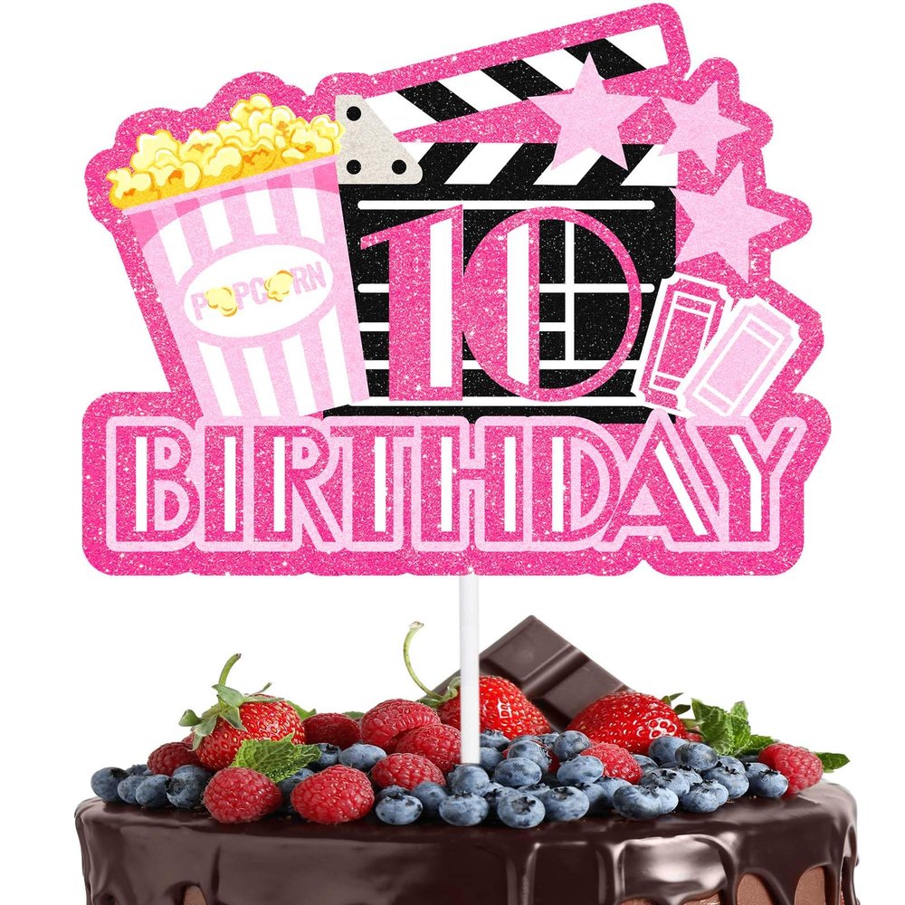 Movie Night Cake Topper Teen 10th Birthday Happy Popcorn Video Recorder Decoration, Cinema Party, Boy and Girl Birthday Party Decoration Supplies, Birthday Gifts for Kids. Pink. LIANGSS