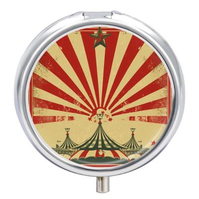Round Pill Box Pill Organizer for Travel Vintage Circus BackgroundPill Cases 3 Compartment Portable Pill Box Medicine Tablet Holder for Vitamin Mini Pill Case