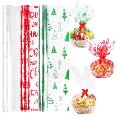 FOPINOA 3 Roll Christmas Cellophane Wrap Set, 32 in x 100 ft Christmas Cellophane Wrapping Clear Cellophane Wrap Roll Treat Gift Basket Wrapping Cellophane Paper for Xmas Party Decoration