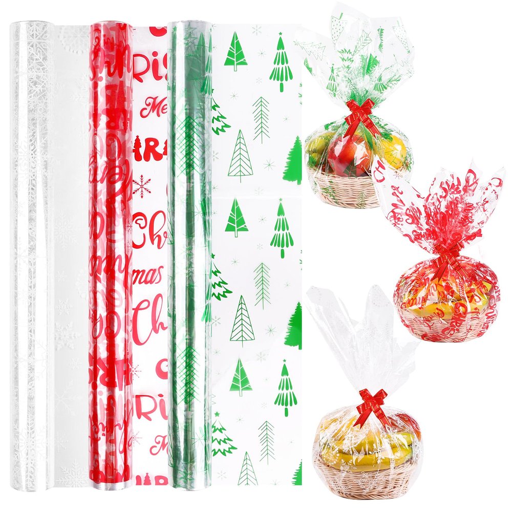 FOPINOA 3 Roll Christmas Cellophane Wrap Set, 32 in x 100 ft Christmas Cellophane Wrapping Clear Cellophane Wrap Roll Treat Gift Basket Wrapping Cellophane Paper for Xmas Party Decoration