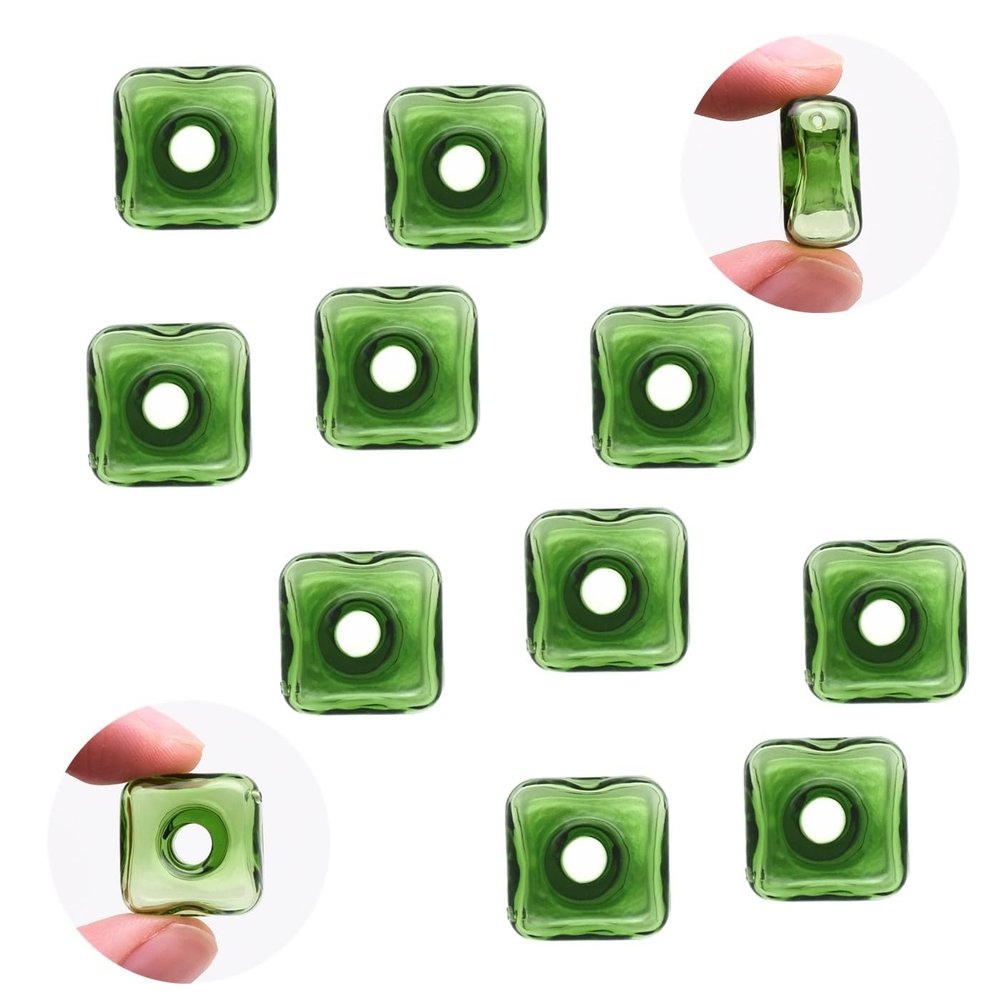 10 Pcs Thickened Square Shape Multi-Color Coloured Glaze Aromatherapy Pendant Bottle - Essential Oils Perfume Necklace Pendant Vials (Green)