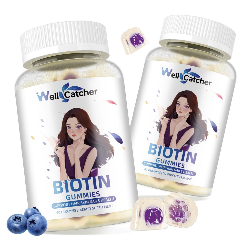 Wellcatcher Biotin Gummies for Hair Growth - Biotin Gummies for Strong Hair Nail Skin with Multivitamin Sugar Free Vegan Chewable Hair Growth Gummy for Women Men Kids Blueberry Flavored 60-Day Supply