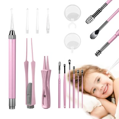 15 Pack Ear Wax Removal Tool Kit with Light - LED Ear Cleaning Kit, Ear Wax Removal for Kids and Adults, Ear Cleaning Tool, Ear Picker Spoon & Ear Tweezers & Spiral Spring Ear Spoon Pink