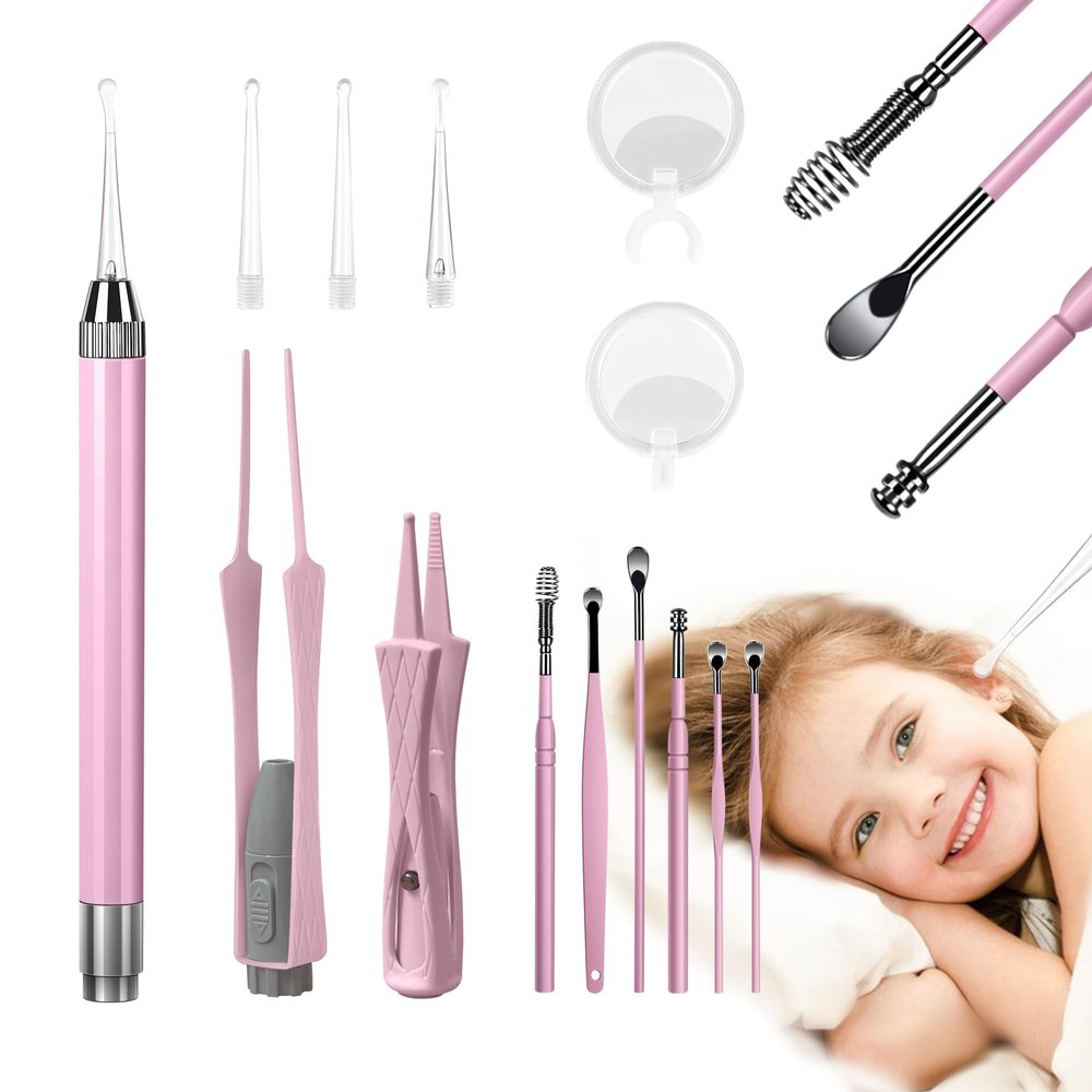 15 Pack Ear Wax Removal Tool Kit with Light - LED Ear Cleaning Kit, Ear Wax Removal for Kids and Adults, Ear Cleaning Tool, Ear Picker Spoon & Ear Tweezers & Spiral Spring Ear Spoon Pink