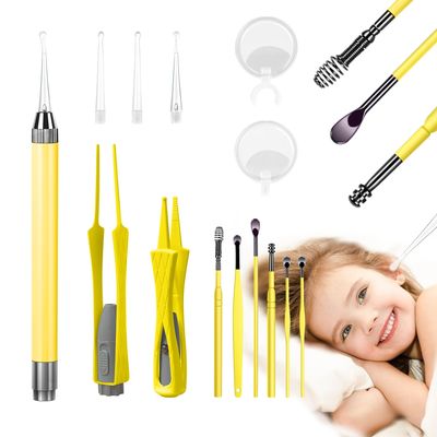 15 Pack Ear Wax Removal Tool Kit with Light - LED Ear Cleaning Kit, Ear Wax Removal for Kids and Adults, Ear Cleaning Tool, Ear Picker Spoon & Ear Tweezers & Spiral Spring Ear Spoon Yellow