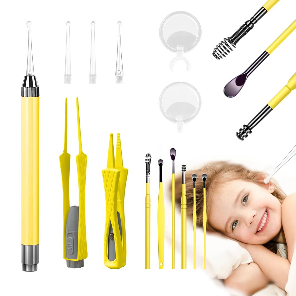 15 Pack Ear Wax Removal Tool Kit with Light - LED Ear Cleaning Kit, Ear Wax Removal for Kids and Adults, Ear Cleaning Tool, Ear Picker Spoon & Ear Tweezers & Spiral Spring Ear Spoon Yellow