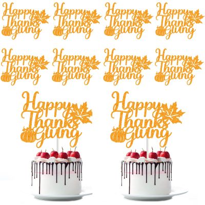 12 Pack Glitter Happy Thanksgiving Cake Toppers, 4.1x5.9 Inches Glittery Festival Thanksgiving Day Food Picks, Large Autumn Harvest Theme Desserts Decorations for Holiday Party Supplies