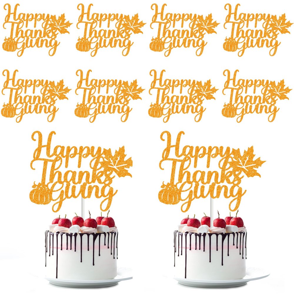 12 Pack Glitter Happy Thanksgiving Cake Toppers, 4.1x5.9 Inches Glittery Festival Thanksgiving Day Food Picks, Large Autumn Harvest Theme Desserts Decorations for Holiday Party Supplies