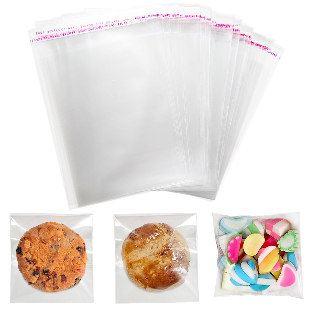 200Pcs Clear Cookie Bags with Seal: 4x4 Inches Clear Resealable Individual Cellophane Bags for Packaging Cookie Candy Treat Goodie and Favors, Self Adhesive Wrappers