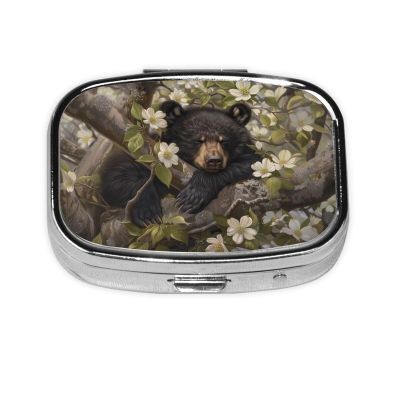 IYOVI Black Bear cub Sleeping Printed Pill Box/Pill Case Portable Square Pill Box, Pill Case for Purse Pill Box Travel, 2.2x1.6in