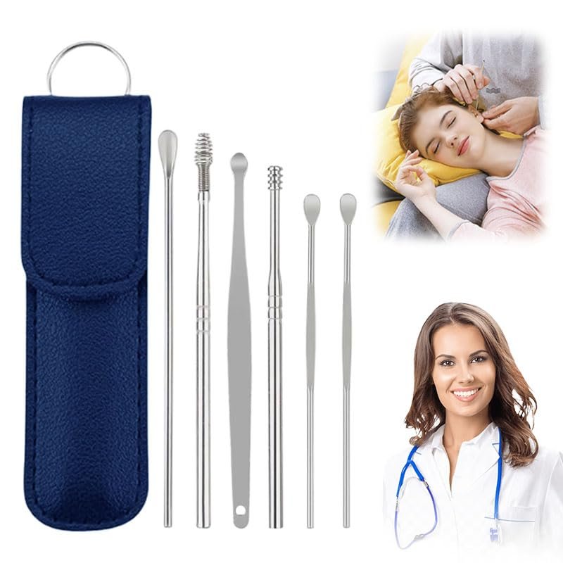CAJDEOPYE Ear Cleaner,Satinless Steel 360 Spiral Earwax Cleaner Tool Set with Pu Leather Case,Household Creative Portable Ear Cleaning Kit for Men and Women /1439, Blue, 464895