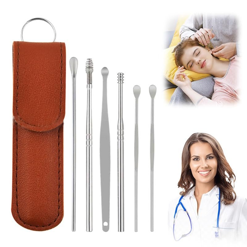 CAJDEOPYE Ear Cleaner,Satinless Steel 360 Spiral Earwax Cleaner Tool Set with Pu Leather Case,Household Creative Portable Ear Cleaning Kit for Men and Women /1437, Brown, 464895