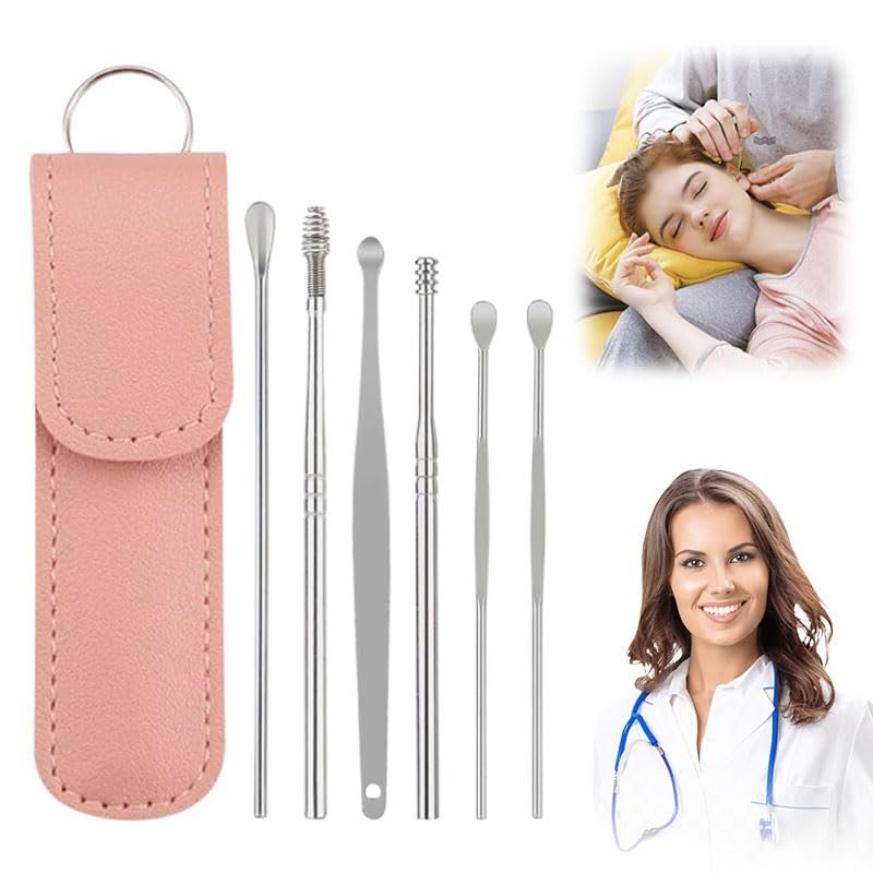 CAJDEOPYE Ear Cleaner,Satinless Steel 360 Spiral Earwax Cleaner Tool Set with Pu Leather Case,Household Creative Portable Ear Cleaning Kit for Men and Women /1433, Pink, 464895