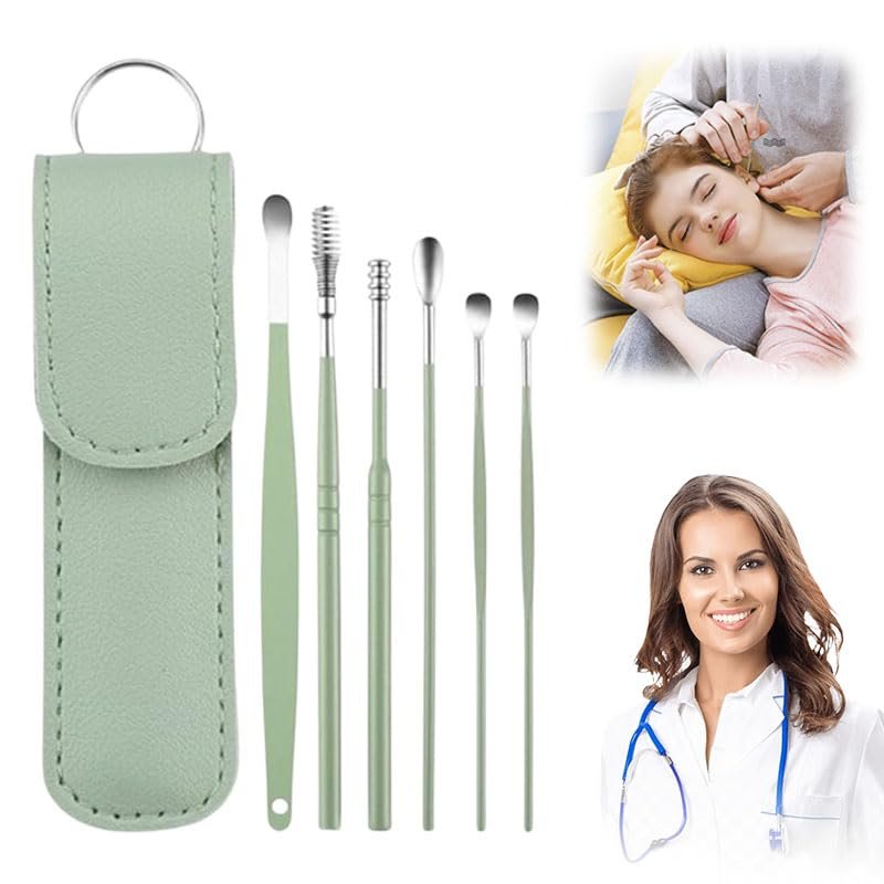 CAJDEOPYE Ear Cleaner,Satinless Steel 360 Spiral Earwax Cleaner Tool Set with Pu Leather Case,Household Creative Portable Ear Cleaning Kit for Men and Women /1435, Green, 464895