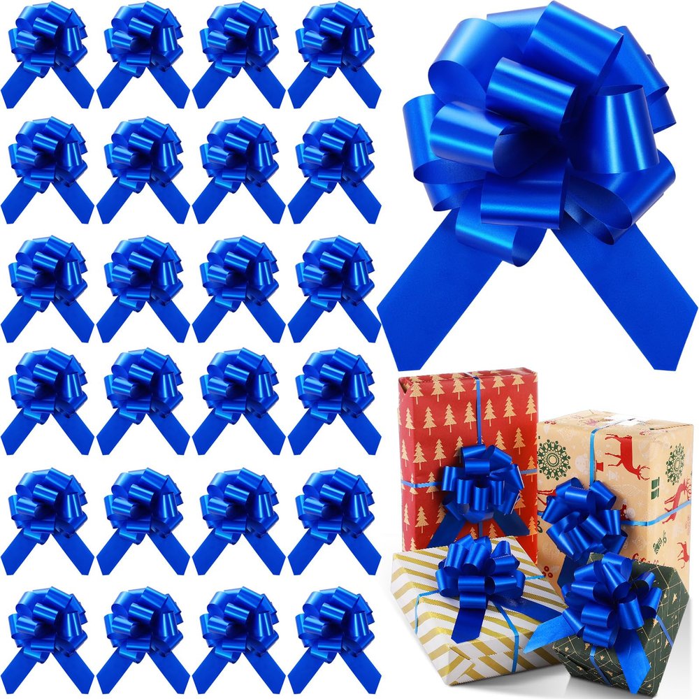 WILLBOND 24 Pieces 5 Inch Christmas Pull Bows Bulk for Wrapping Gift Large Bow with Ribbon Assorted Bows Pull String for Christmas Basket Party Present, Birthday, Wreath, Gift Basket(Blue)