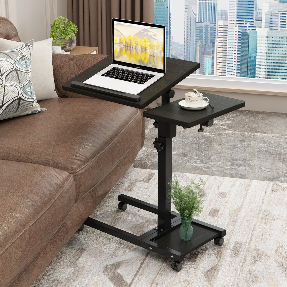 LINGMI Mobile Height Adjustable Laptop Desk with Mouse Pad, Portable Laptop Desk Rolling Tiltable Table with Small Side Table for Couch,Rolling Computer Stand