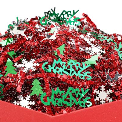 Knitgrip 2lb Christmas Basket Stuffers Metallic Red Green Crinkle Cut Paper Shred Filler Merry Christmas Tree Snowflake Elk Confetti Packaging Raffia Stuffers