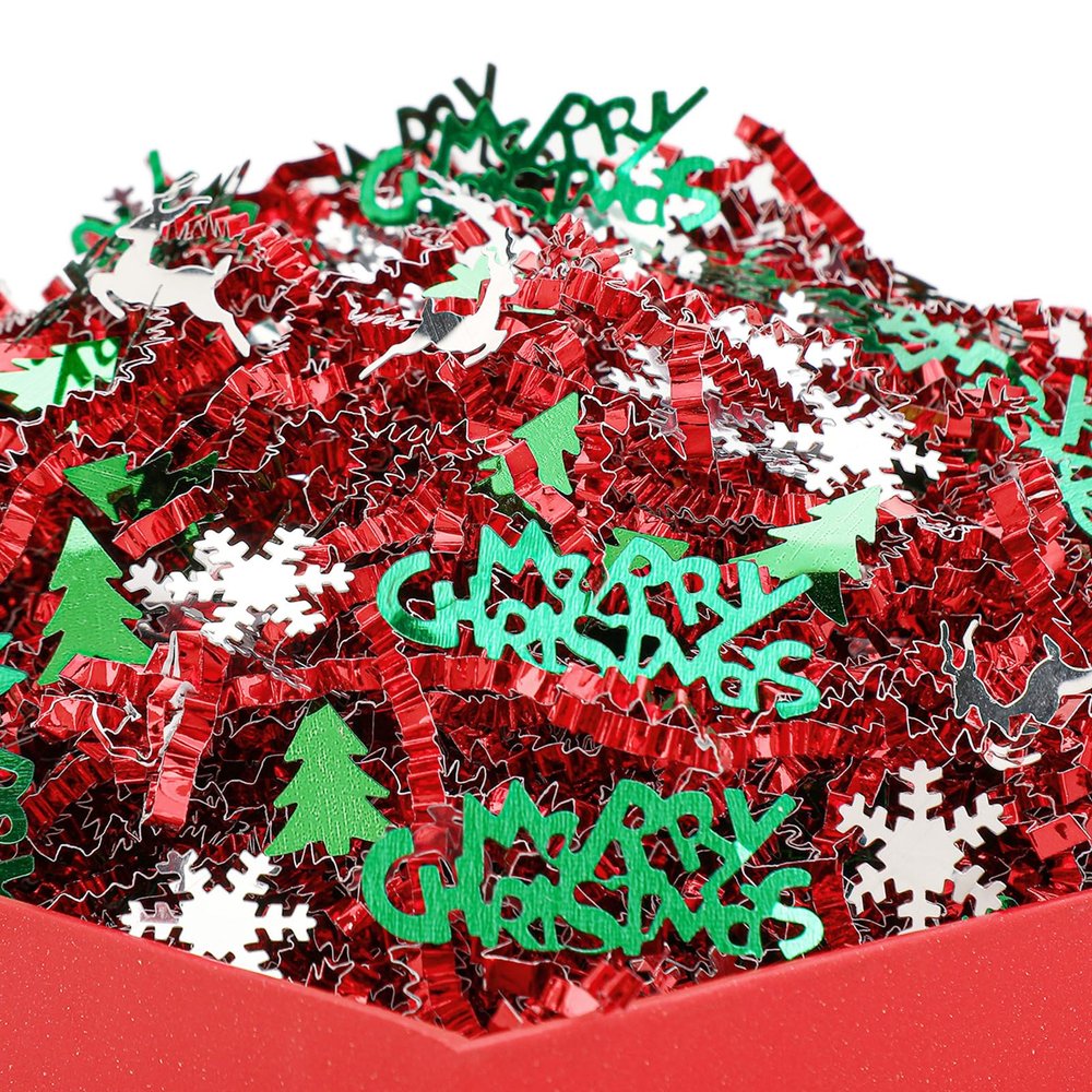 Knitgrip 2lb Christmas Basket Stuffers Metallic Red Green Crinkle Cut Paper Shred Filler Merry Christmas Tree Snowflake Elk Confetti Packaging Raffia Stuffers