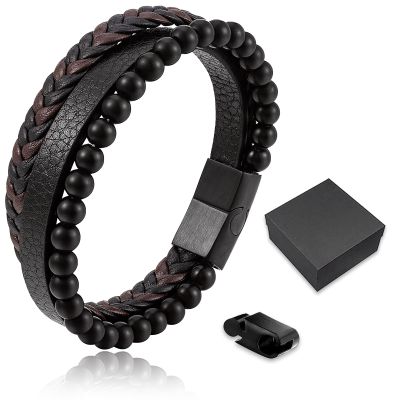 Assote Volcanic Stone Calming Anxiety Bracelet, Stone Bracelets for Men, Multi-Layer Leather Braided Beads Bracelet with Stainless Steel Buckle, Natural Lava Stone Leather Bracelet for Men (1pc)