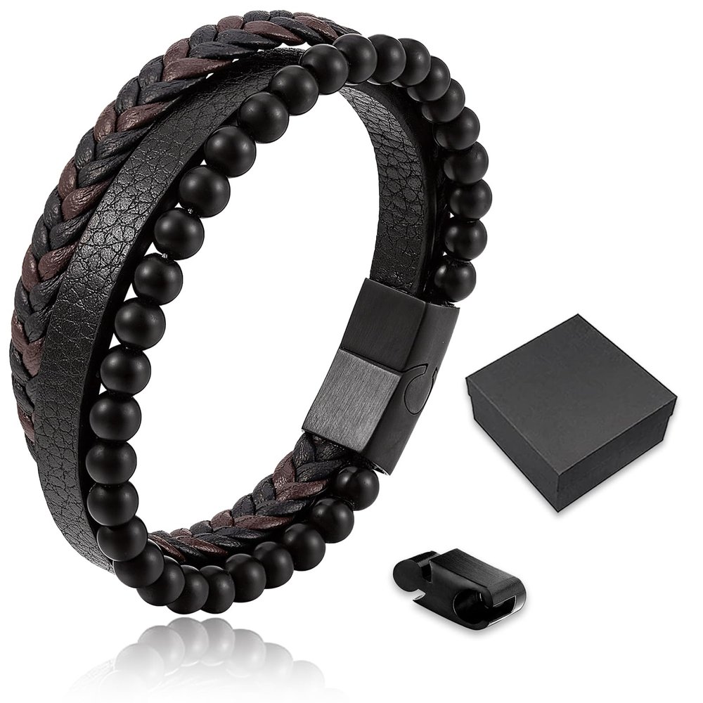 Assote Volcanic Stone Calming Anxiety Bracelet, Stone Bracelets for Men, Multi-Layer Leather Braided Beads Bracelet with Stainless Steel Buckle, Natural Lava Stone Leather Bracelet for Men (1pc)