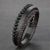 Assote Volcanic Stone Calming Anxiety Bracelet, Stone Bracelets for Men, Multi-Layer Leather Braided Beads Bracelet with Stainless Steel Buckle, Natural Lava Stone Leather Bracelet for Men (1pc) view 4