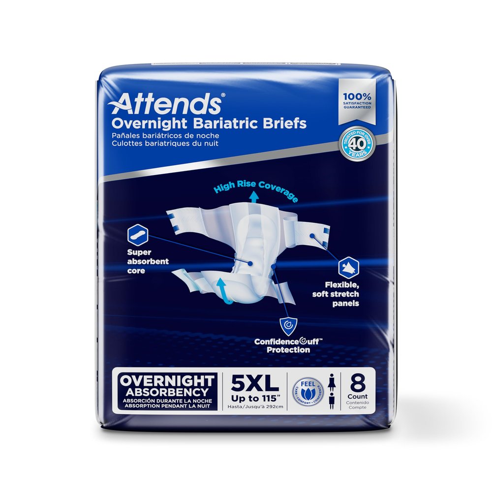 Attends Bariatric Incontinence Disposable Briefs, 5X-Large, Up to 115" Waist with Tab Closures, Ultimate Absorbency, Dry-Lock Containment Core and ConfidenceCuff Leakage Protection, 32ct Case