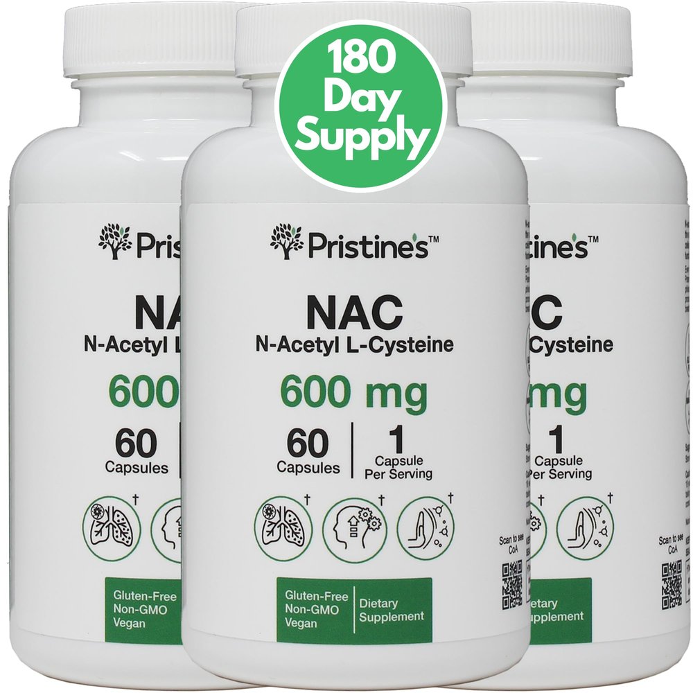 PRISTINE'S N-Acetyl L-Cysteine (NAC) 600MG (3 Pack) Immunity Support Supplement - 180-Day Supply - Potent Lung & Liver Antioxidant Supplement Capsules - Mood Support - Vegan, Glutern Free, Non GMO
