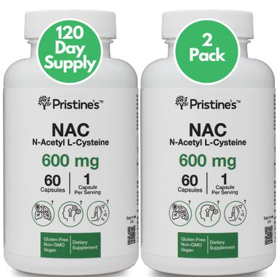 PRISTINE'S N-Acetyl L-Cysteine (NAC) 600MG (2 Pack) Immunity Support Supplement - 120-Day Supply - Potent Lung & Liver Antioxidant Supplement Capsules - Mood Support - Vegan, Glutern Free, Non GMO