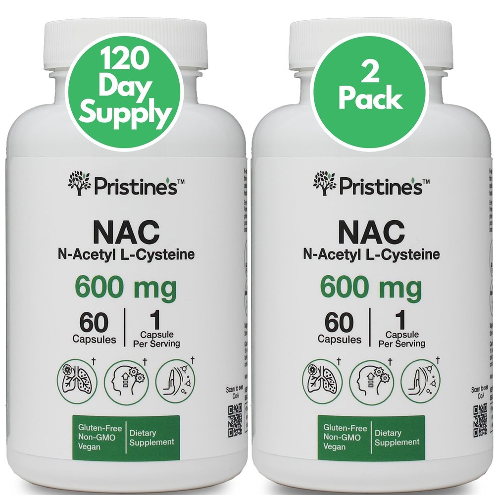 PRISTINE'S N-Acetyl L-Cysteine (NAC) 600MG (2 Pack) Immunity Support Supplement - 120-Day Supply - Potent Lung & Liver Antioxidant Supplement Capsules - Mood Support - Vegan, Glutern Free, Non GMO