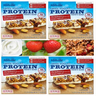   4-Pack Almonds, Peanuts, and Strawberry Greek Yogurt High Fiber and High Protein Chewy Granola Bars, 5 Bars x 4 Boxes, 20 Bars Total   10 grams of protein per bar! No Artificial Additives. Perfect for office or on-the-go snacks!