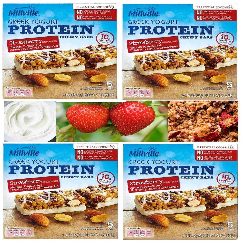  4-Pack Almonds, Peanuts, and Strawberry Greek Yogurt High Fiber and High Protein Chewy Granola Bars, 5 Bars x 4 Boxes, 20 Bars Total   10 grams of protein per bar! No Artificial Additives. Perfect for office or on-the-go snacks!