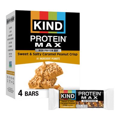 KIND Protein MAX Sweet & Salty Caramel Peanut Crisp Snack Bars, 20g of Protein, Keto Friendly, 1g of Sugar Per Bar, Gluten Free, 4 Count Box