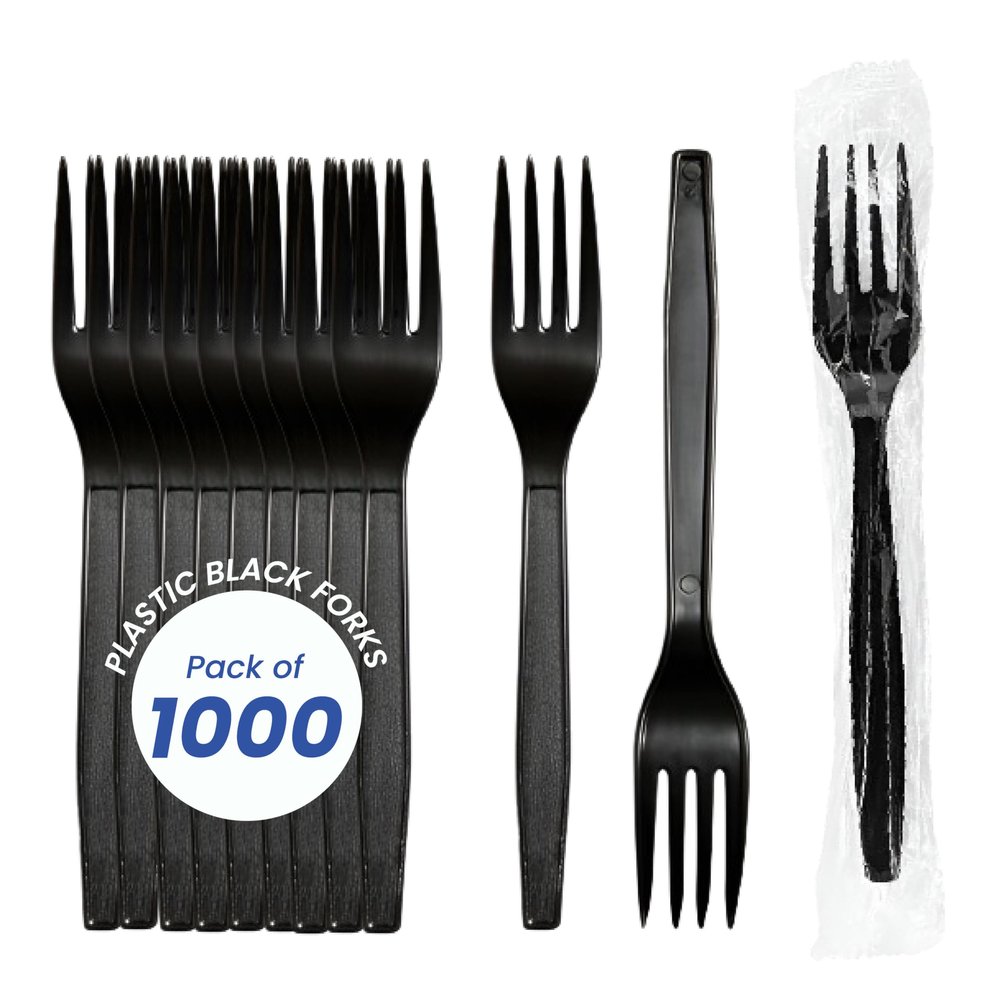 7.25" Heavy Weight Plastic Black Forks/Individually Wrapped- Pack of 1000ct