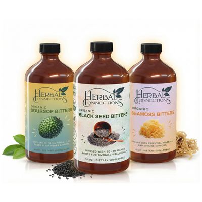 Organic Soursop Bitters, Black Seed Bitters and Sea Moss Bitters - Natural and Vegan Blend for Vitality & Wellness - Pack of Three 16-Ounce Bottles