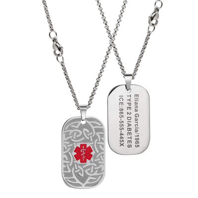 Customize Medical Alert Necklace Dog Tag with laser Engraving, Personalized Emergency Identification Stainless steel ID Necklace medic life alert Jewelry for Men Women,2 Color Option (Celtic Knot-Red)