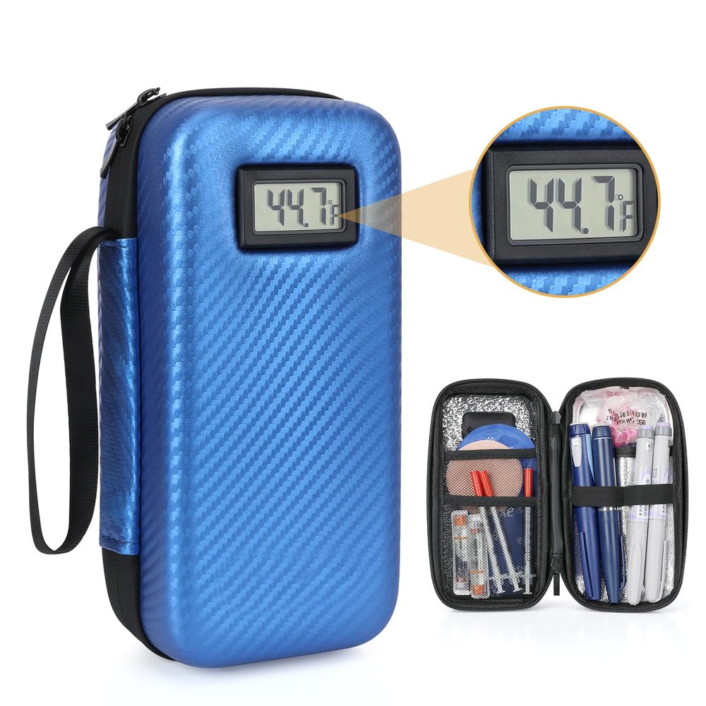 LengKe Insulin Cooler Travel Case with 2 TSA Approved Gel Ice Pack, Temperature Display Refrigerated Medicine Travel Case for Insulin Syringe and Diabetic Supplies (Blue)