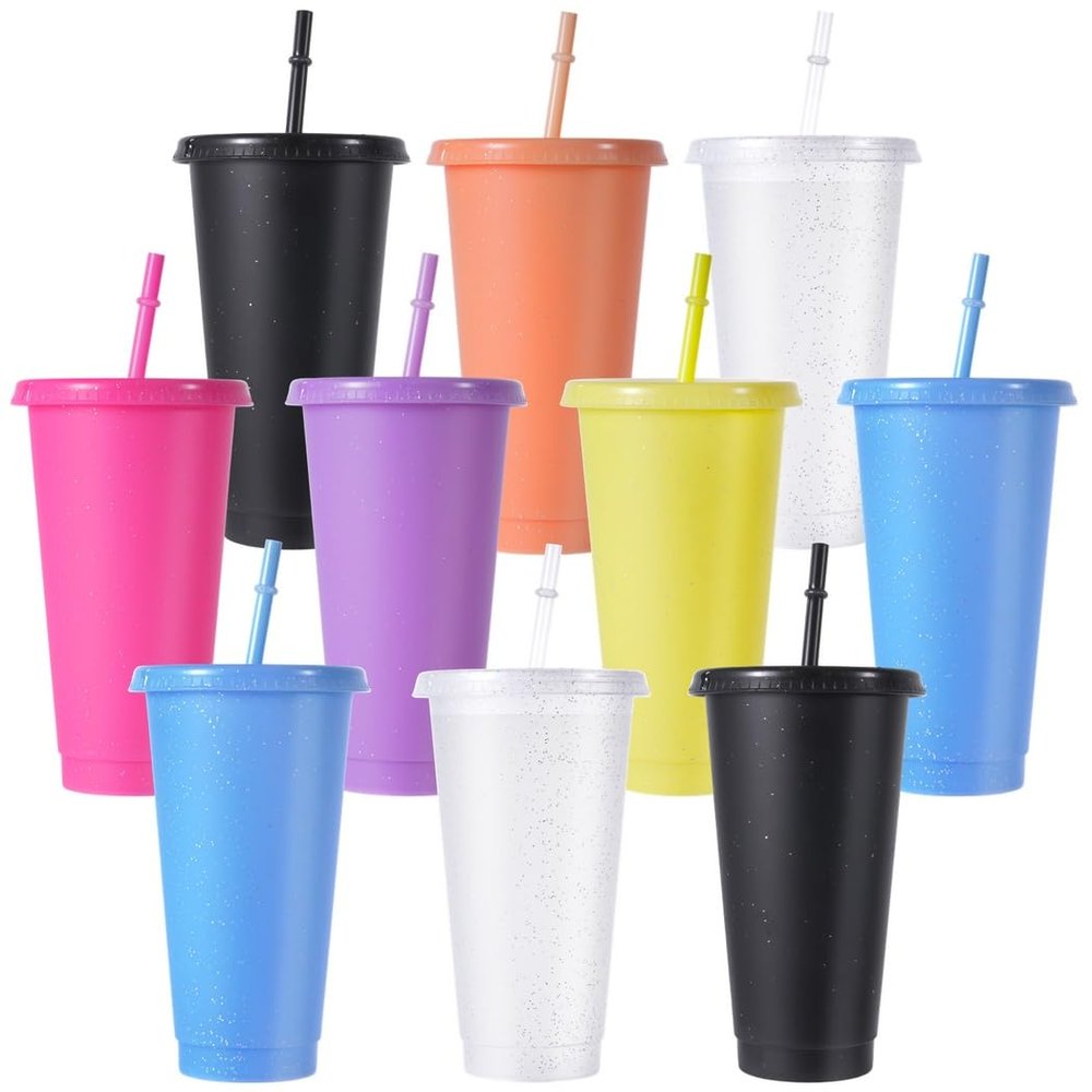 LUMINFLY Reusable And Colorful Pp Plastic Cups With Straws And Lids, 10Pcs Durable Travel Party Cups For Cold Iced Coffee Drinking, Kids Adults