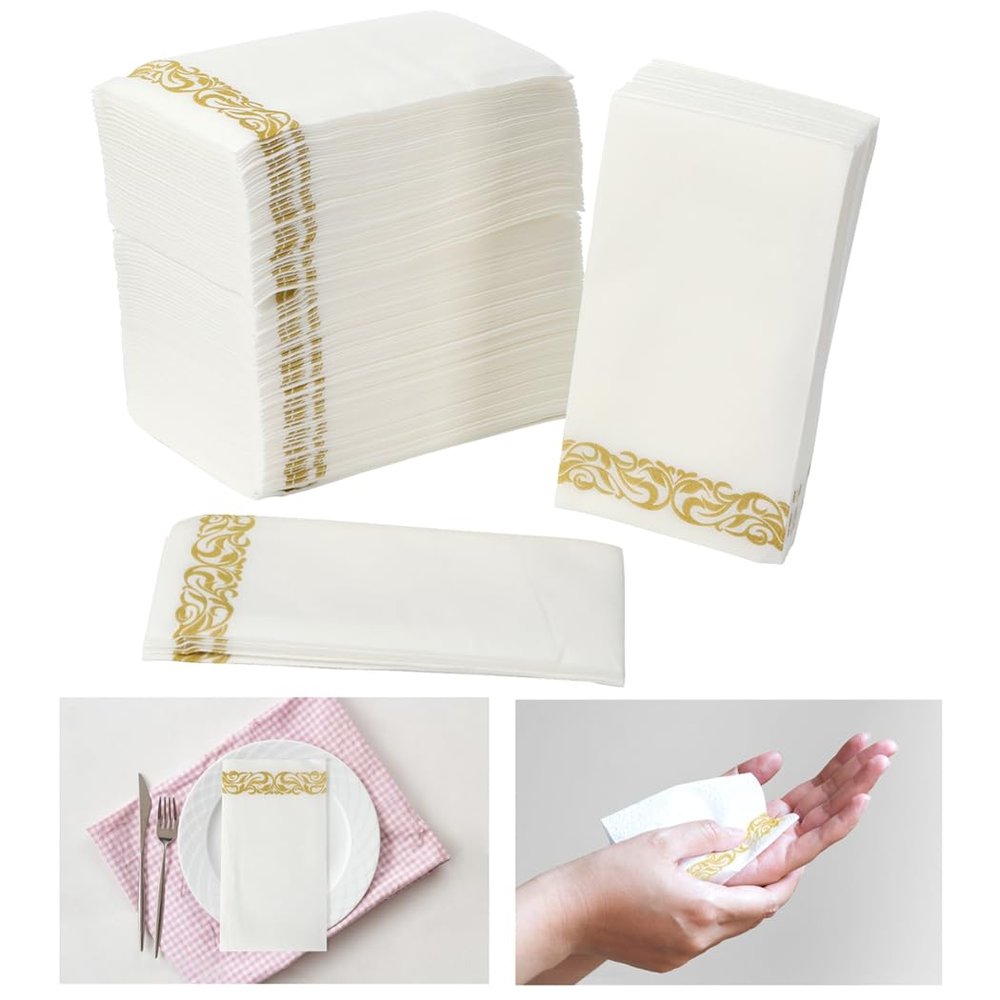 Linen-Feel Guest Towels, Decorative Gold Bathroom Paper Napkins, Soft Absorbent Hand Towel for Kitchens, Parties, Weddings, Dinners, 100 Pcs Disposable Hand Towels