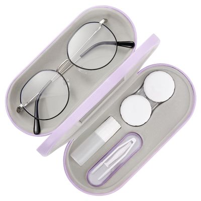 MoKo Double Eyeglass Case, Contact Lens Case with Mirror Tweezers Remover, 2 in 1 Double Sided Portable Contact Lens Box Holder Container Soak Storage Kit Sunglasses Pouch for Men & Women, Lilac